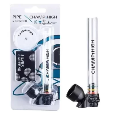 Champ High Clear Glass Skull Pipe with Grinder and Screens