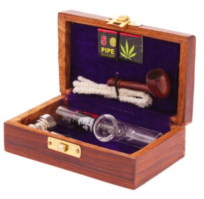 Small Carved Wood Box Gift Set with Pipe & Accessories