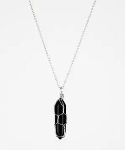 Natural Crystal Raw Stone Healing Necklace Silver, Obsidian