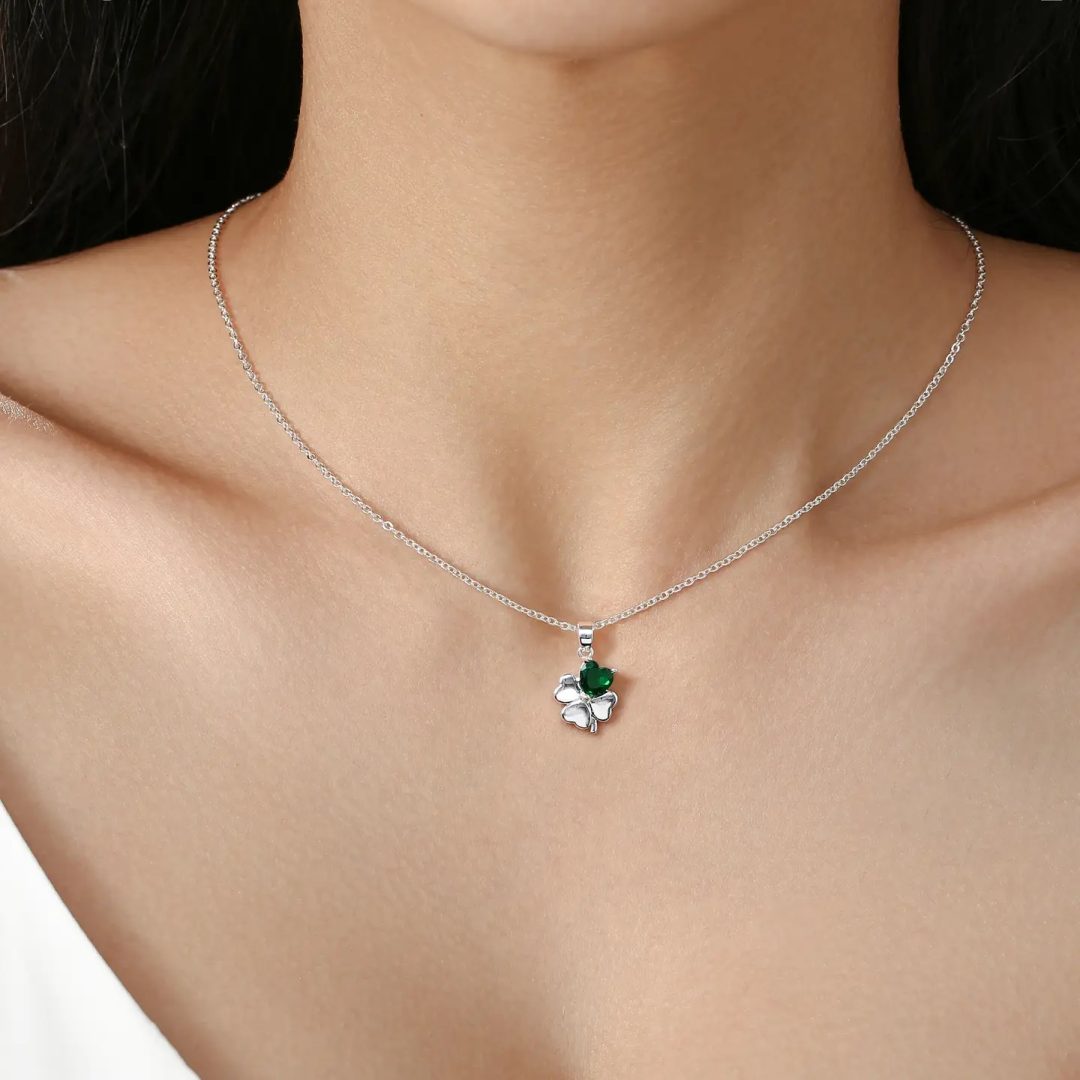 Green Stone Clover Pendant Silver Plate - Bilde 2