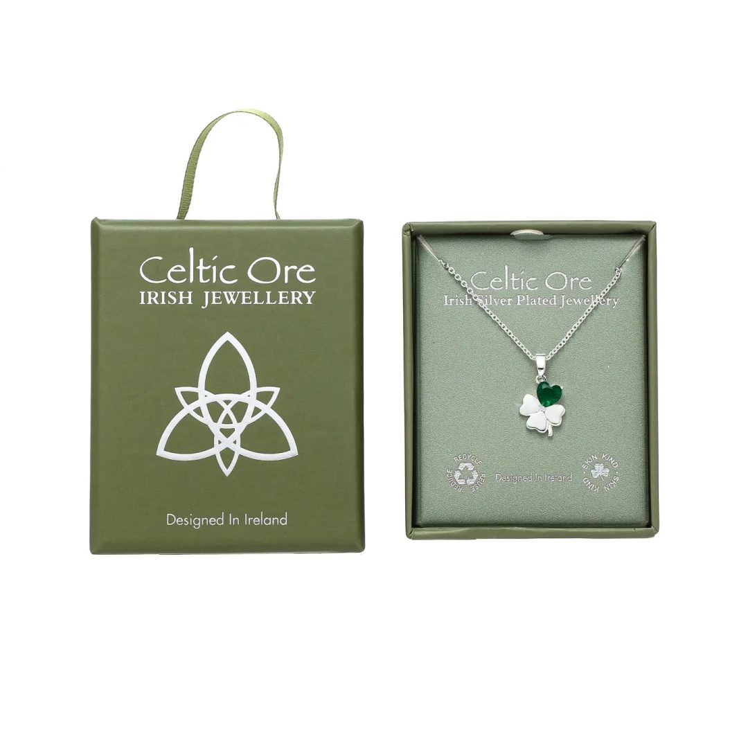 Green Stone Clover Pendant Silver Plate