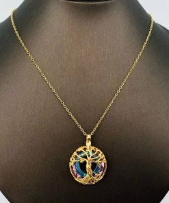 Rose Gold Tree of Life Enveloping Colored Glass Pendant Necklace