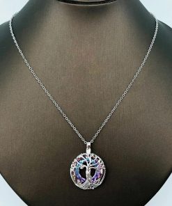 Silver Tree of Life Enveloping Colored Glass Pendant Necklace